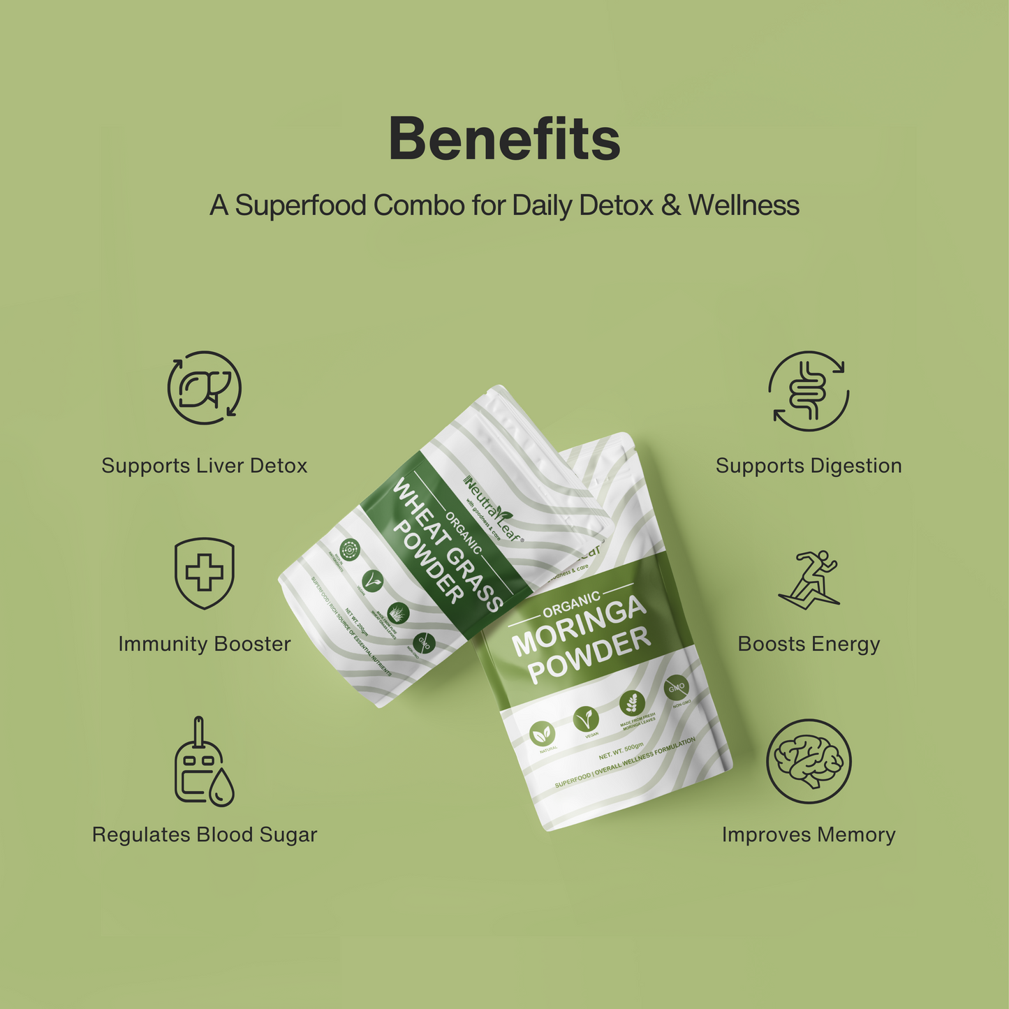 Detox Greens Combo- Moringa Powder 500gm and Wheatgrass Powder 200gm