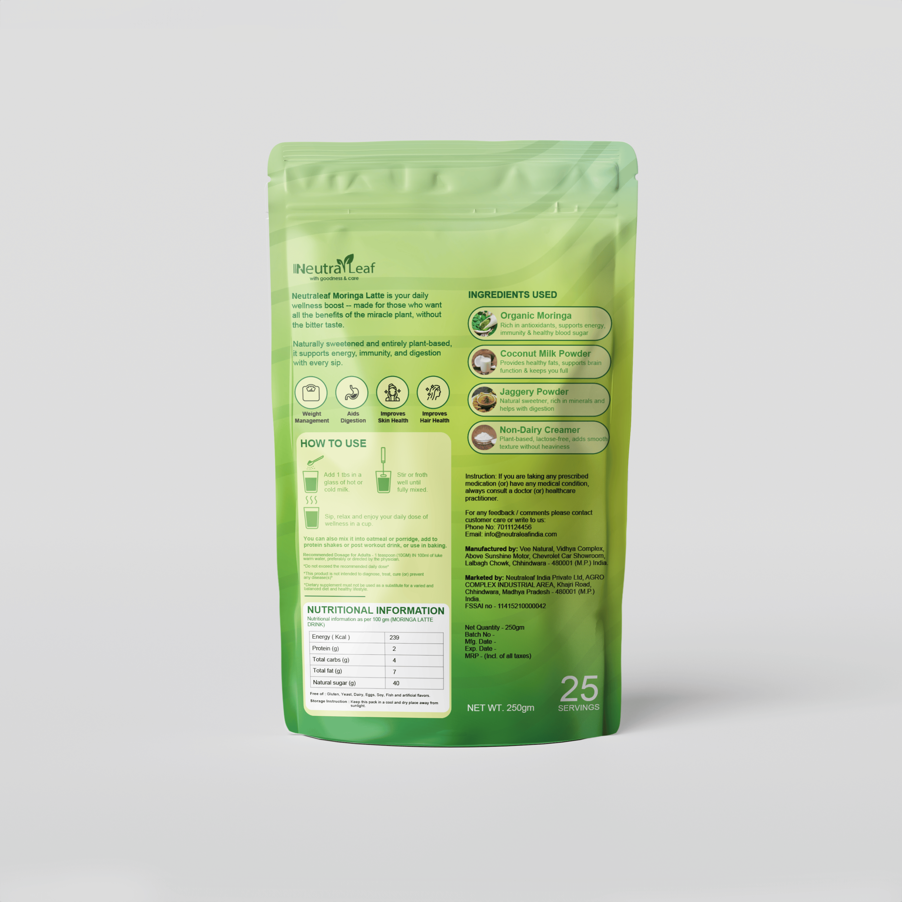 NeutraLeaf Moringa Latte – Rich in Antioxidants & Plant Protein (Tastes Delicious!) (250g)