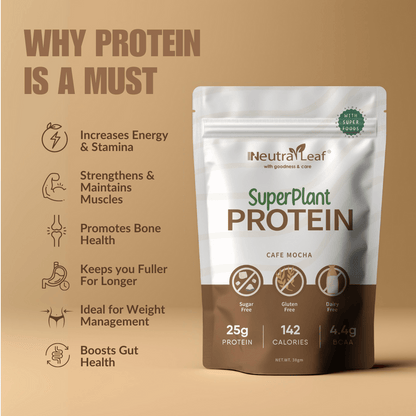 Neutraleaf’s Super Plant Protein - Cafe Mocha | 10+ Superfoods | 25g Protein Per Serve | 4.4g BCAA | 100% Vegan