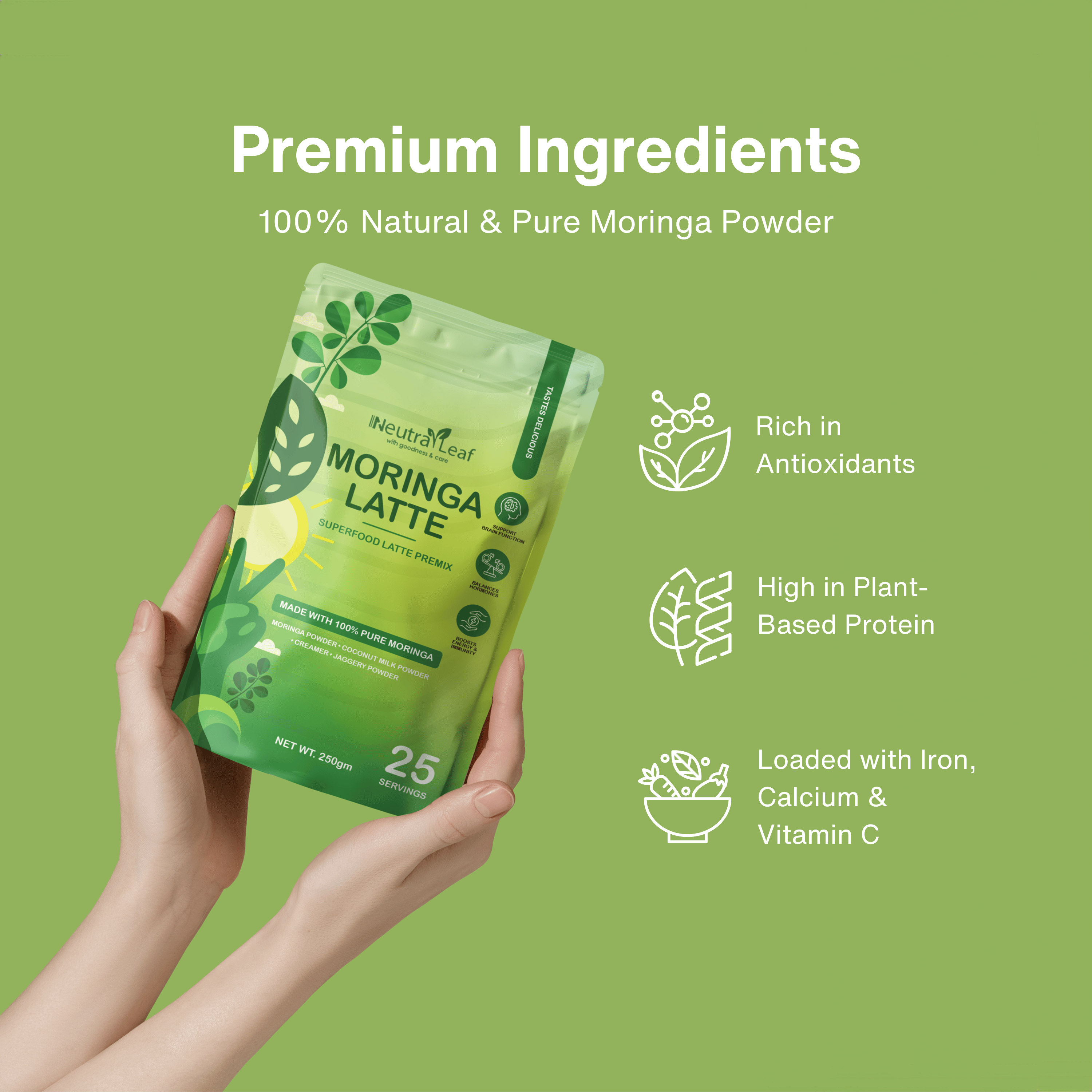 NeutraLeaf Moringa Latte – Rich in Antioxidants & Plant Protein (Tastes Delicious!) (250g)