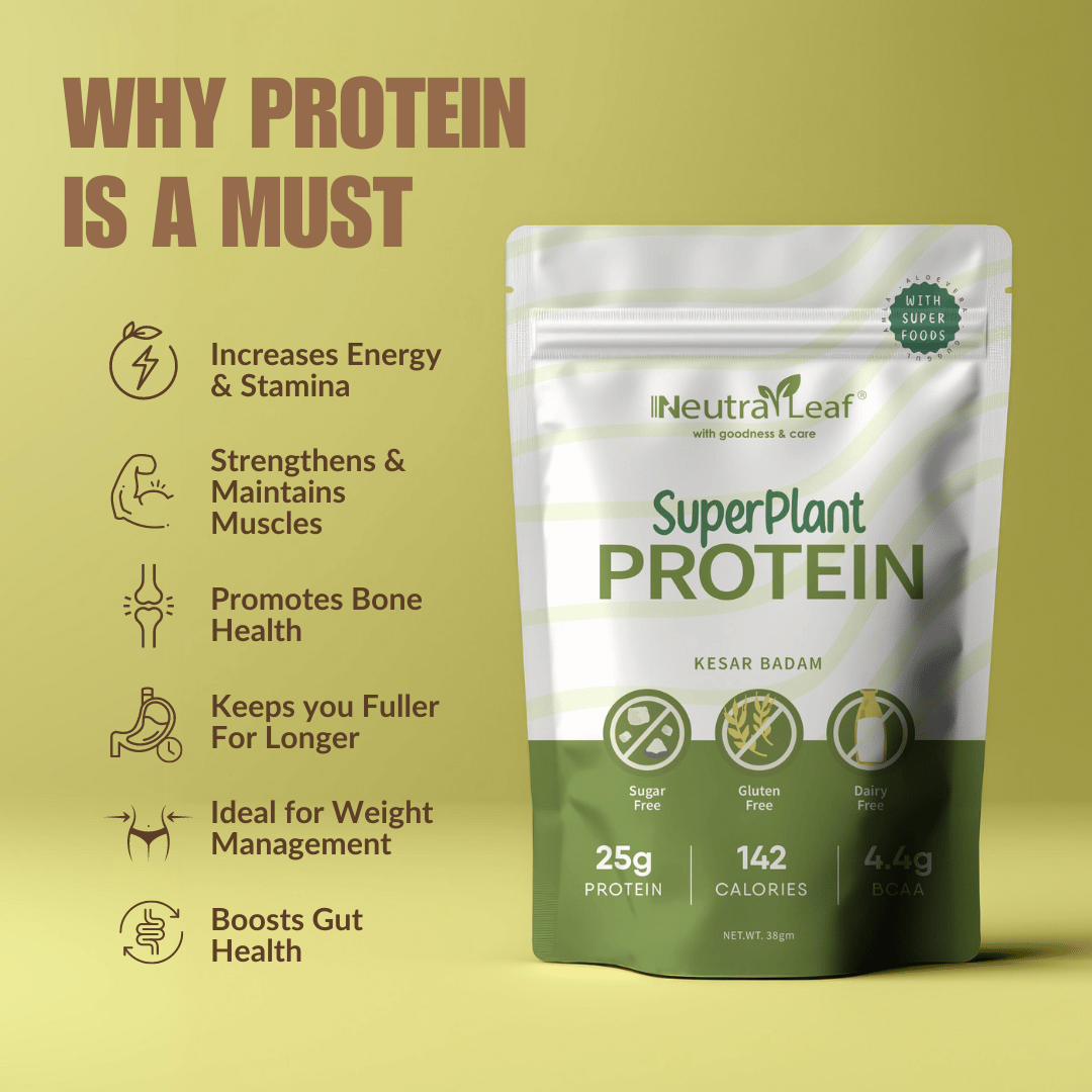 Neutraleaf’s Super Plant Protein - Kesar Badam | 10+ Superfoods | 25g Protein Per Serve | 4.4g BCAA | 100% Vegan