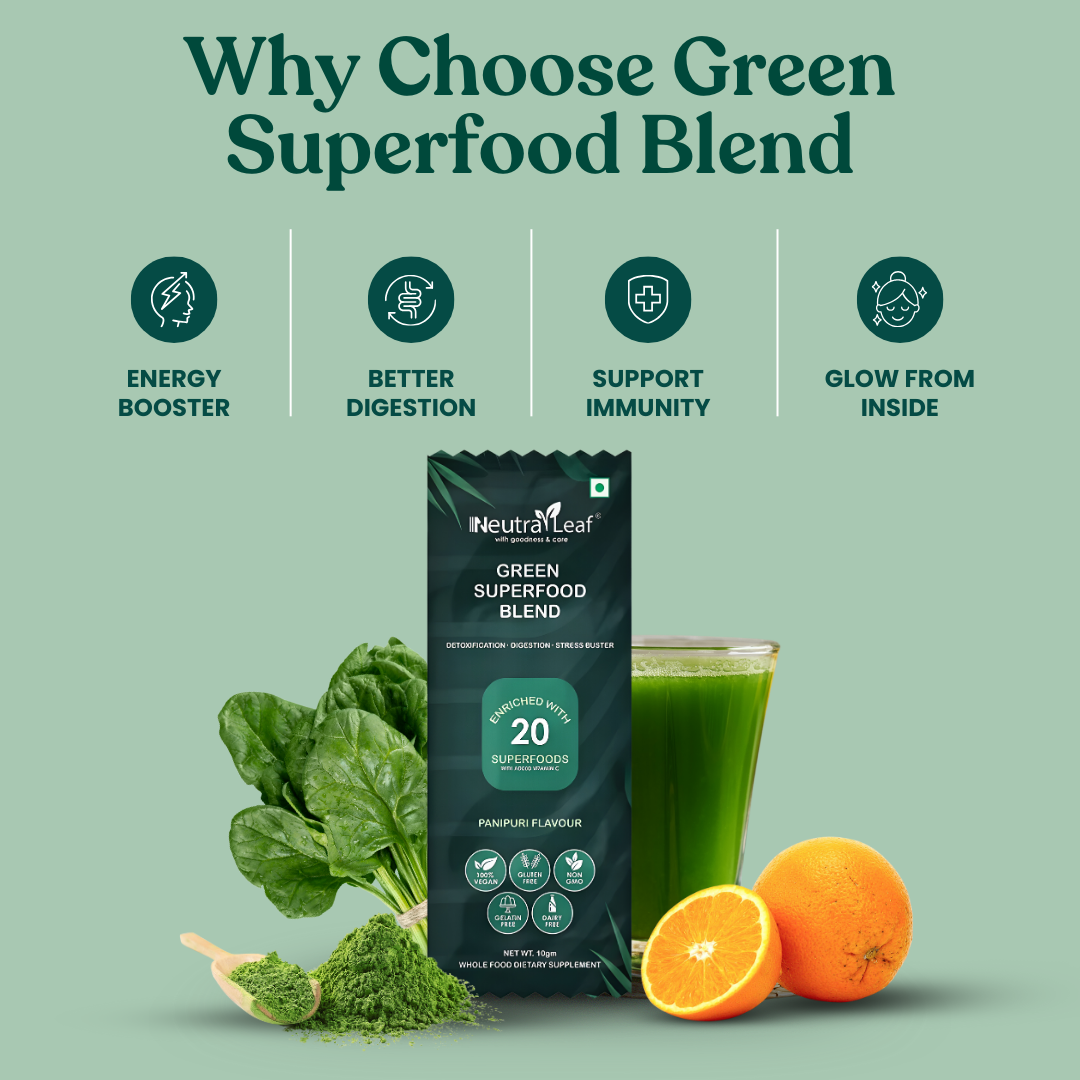 NeutraLeaf Green Blend | Made Of 22 Super Foods | Vitamin C, Zinc, B6 for Immunity | Stress Buster | Digestion |
