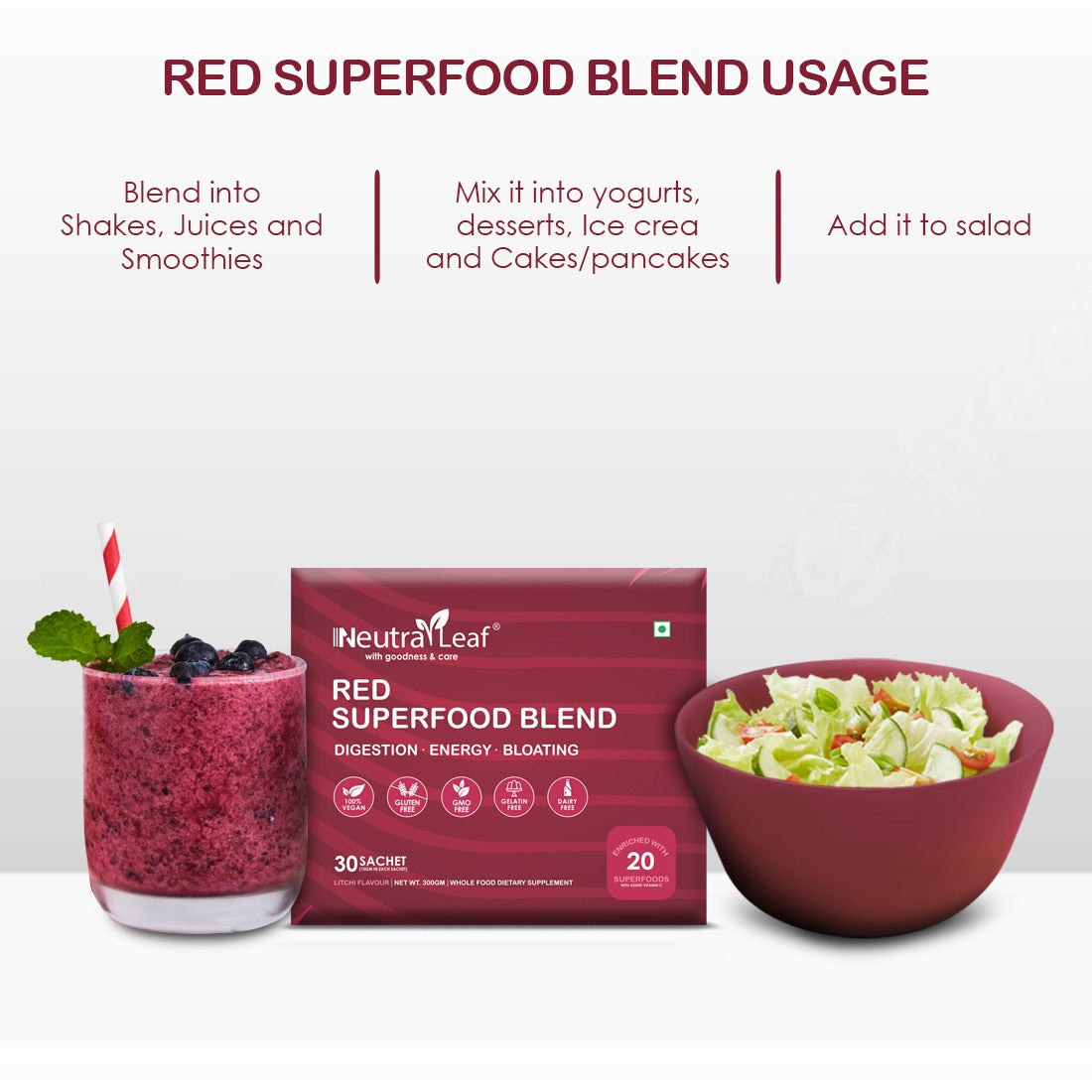 NeutraLeaf Red Blend | Instant Energy and Health| Rich in Nutrition | Radiance Glow | Strong Bones & Immunity 30 Sachet