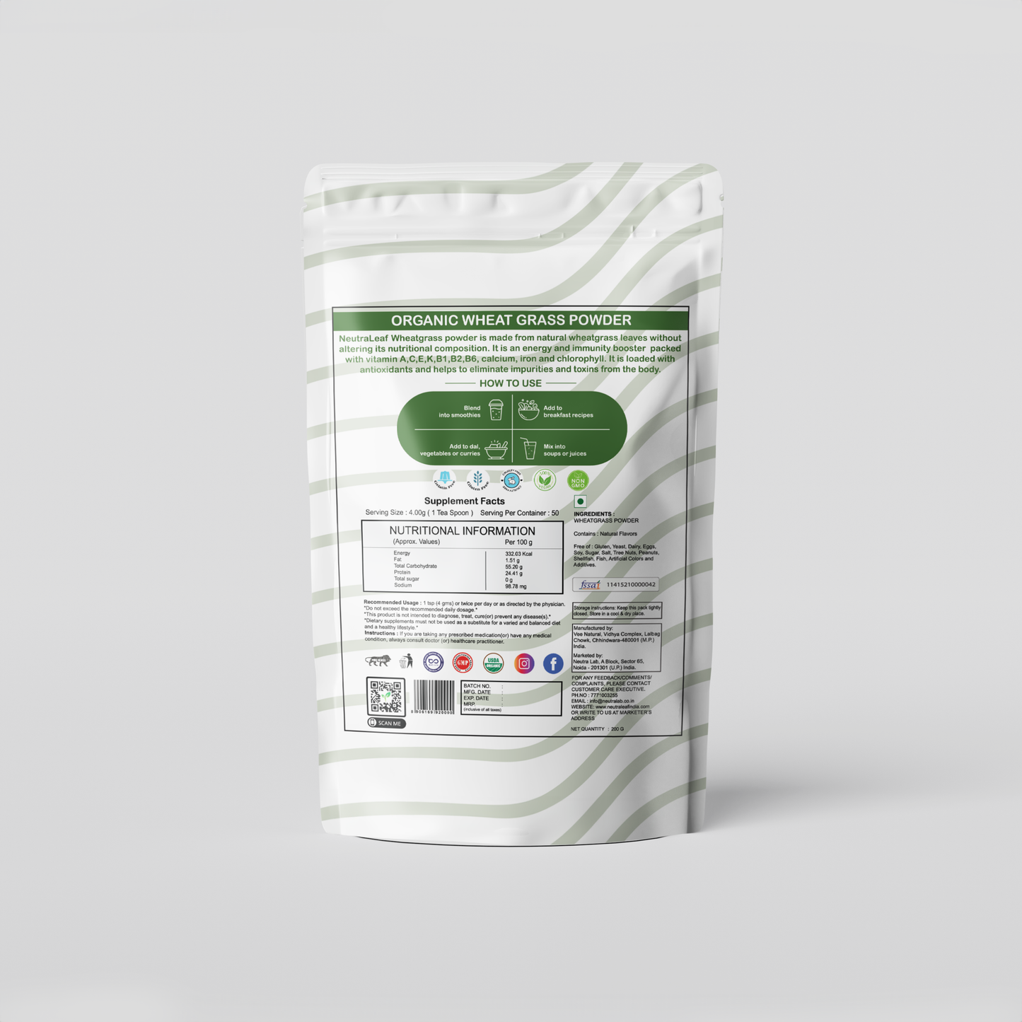NeutraLeaf Organic Wheat Grass Powder | Healthy Metabolism |  Energy |  Detox |  Immunity Booster | Skin Health