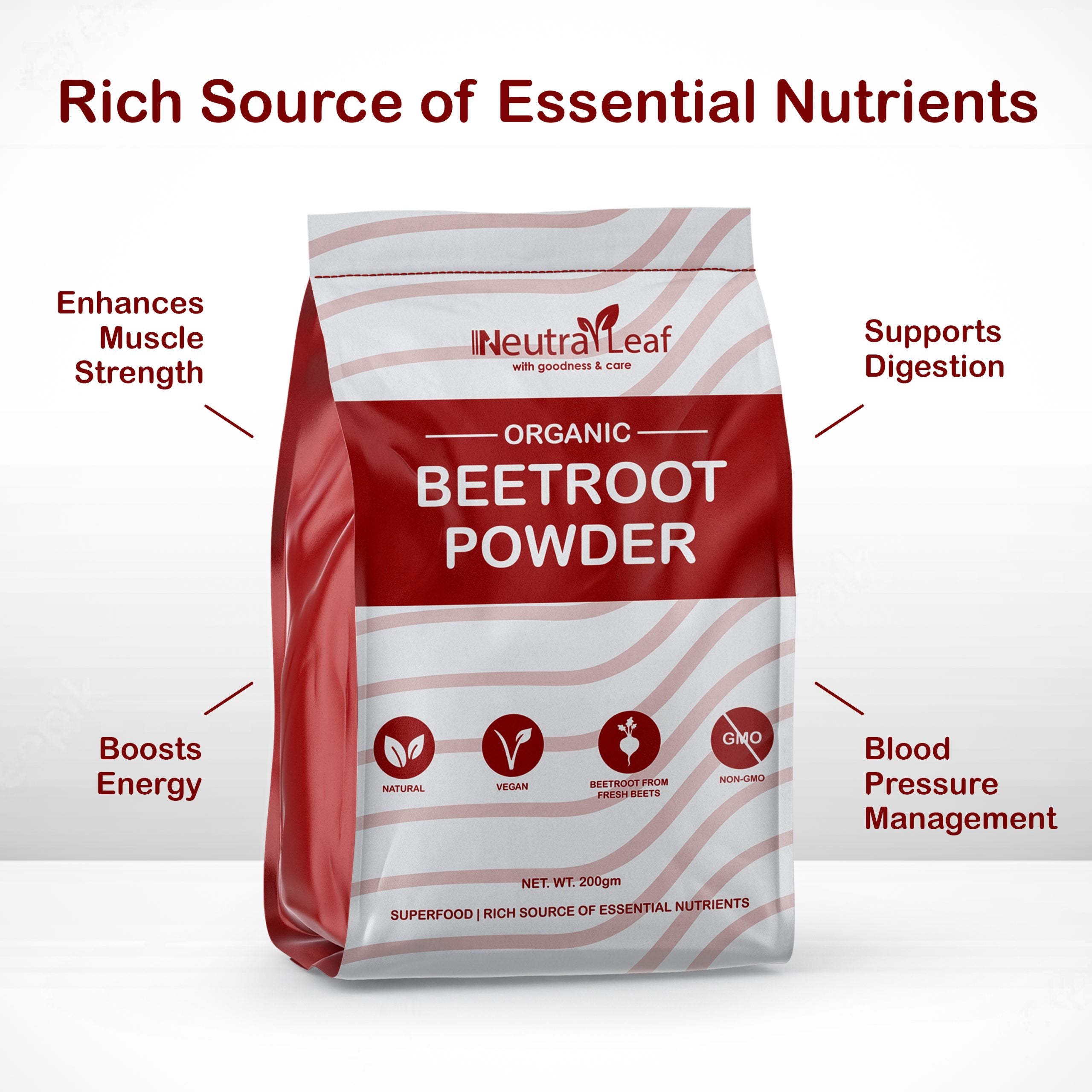 NeutraLeaf Organic Beetroot Powder | 200g | Help With Skin Glow & Improves Hair | Helps Build Muscle | Boosts Energy & Gut Health