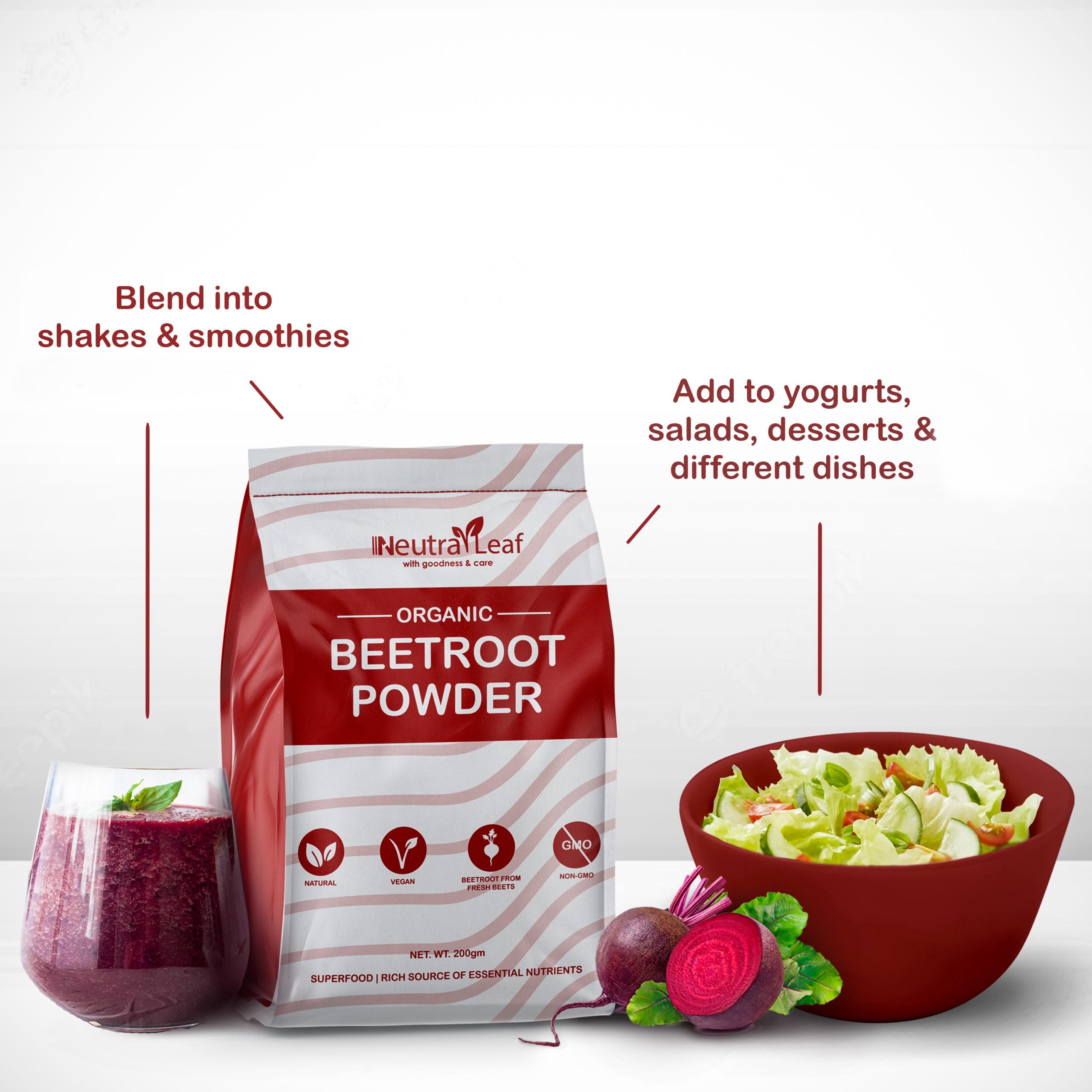 NeutraLeaf Organic Beetroot Powder | 200g | Help With Skin Glow & Improves Hair | Helps Build Muscle | Boosts Energy & Gut Health